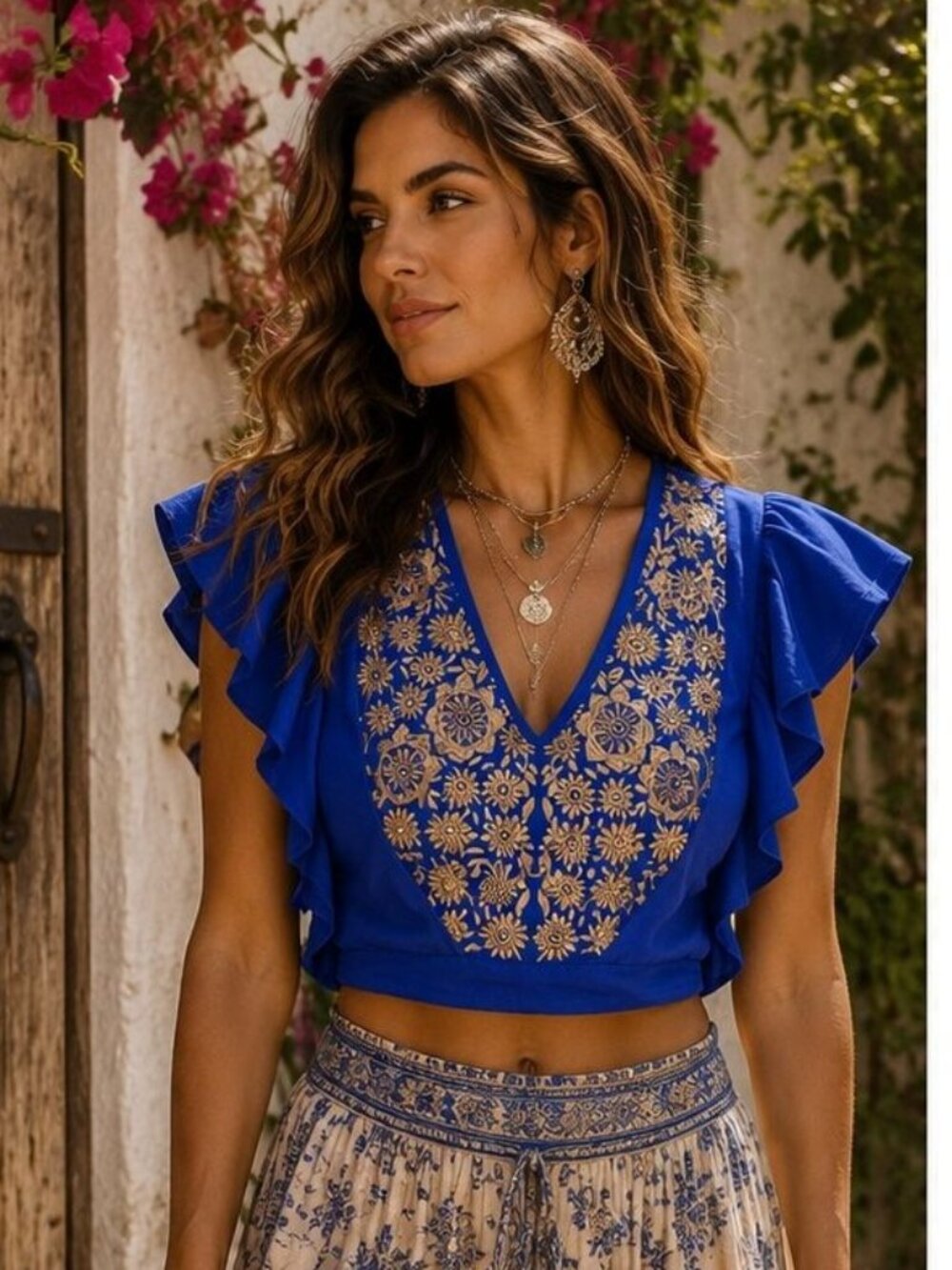 Handmade Royal Blue Embroidered Tie Back Crop Top Size M/L Boho Festival